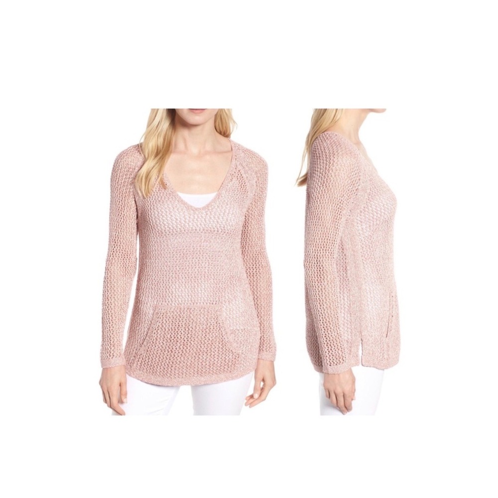 NIC+ZOE Womens Dusty Rose/Pink Clay Open Knit V-Neck Tunic Sweater Pockets Small